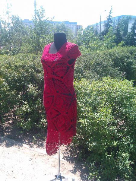Фото 7. Вязаное красное платье (на основе филейной салфетки). Ручная работа крючком