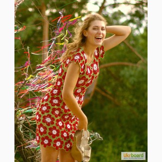 Вязаное крючком авторское платье из красивых цветочных орнаментов, в наличии и под заказ