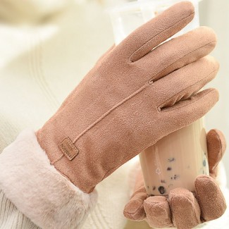 Перчатки женские зимние сенсорные теплые штучная замша с мехом (коричневые)