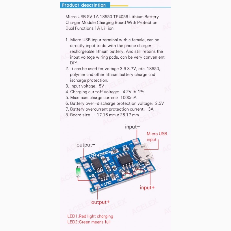 Фото 6. Контроллер заряда TP4056 Micro USB 1A 18650 для литиевых LI-ION аккумуляторов